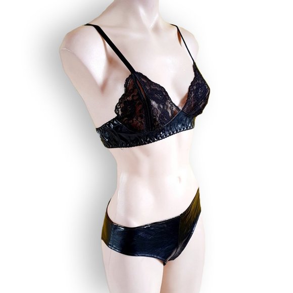 Black stretch lace + PVC two piece lingerie bra /bralette + underwear set OS - Picture 5 of 5